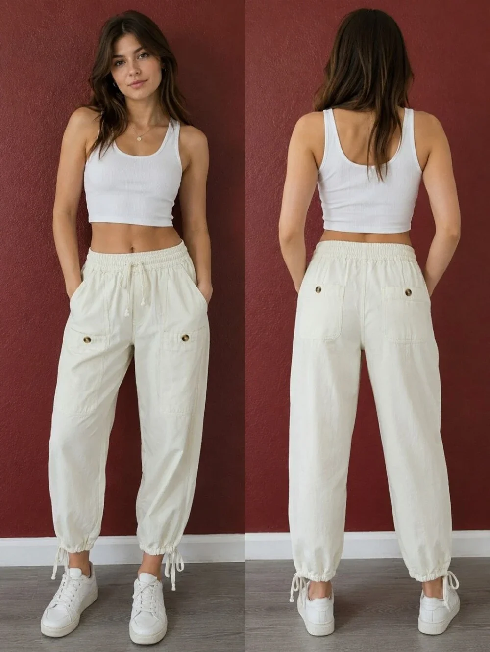 Casual Drawstring Cargo Pants - Cream - Picture 1 of 9